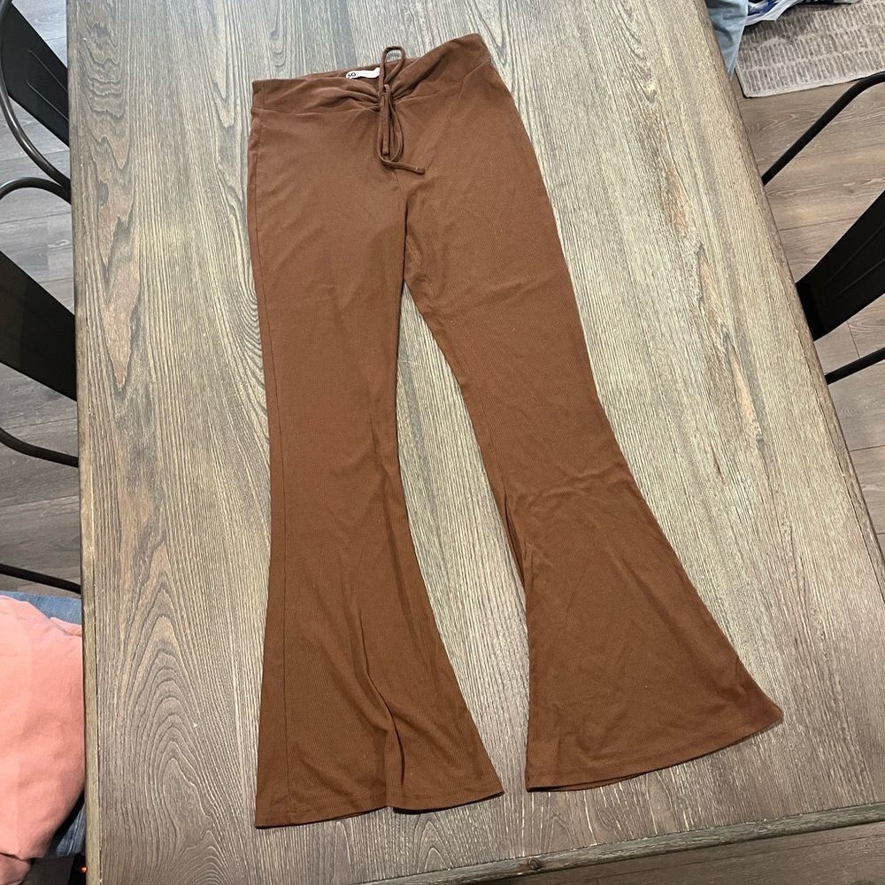 SO Womens High Rise Flare Pants Ribbed Drawcord Waist Stretch Brown Size M
